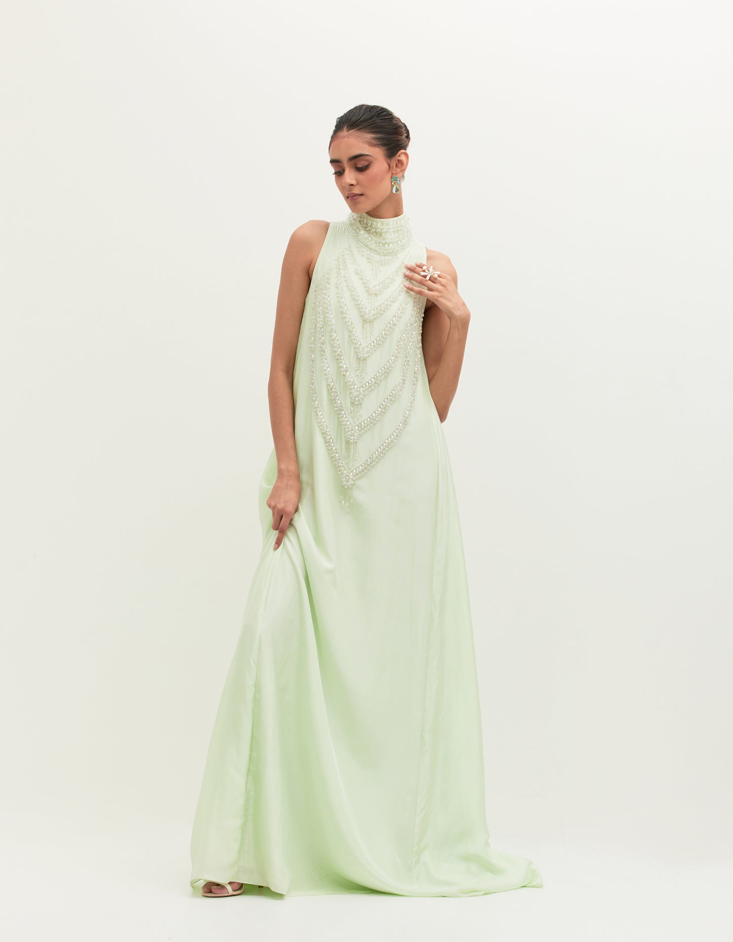 Mint Habutai Silk Embroidered Gown