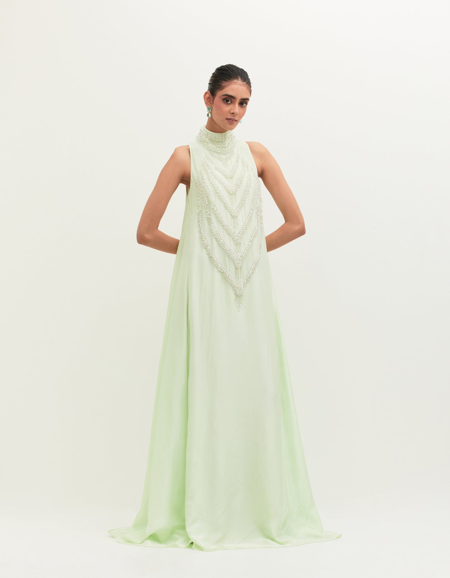 Mint Habutai Silk Embroidered Gown