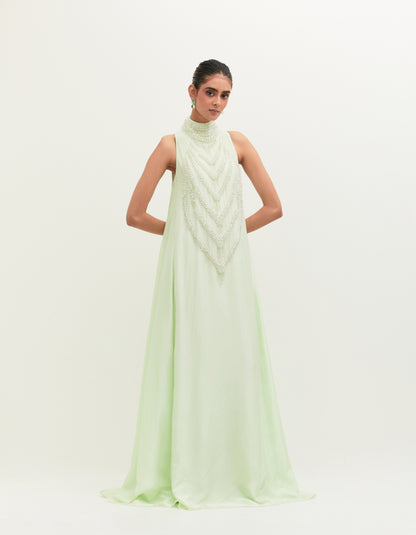 Mint Habutai Silk Embroidered Gown