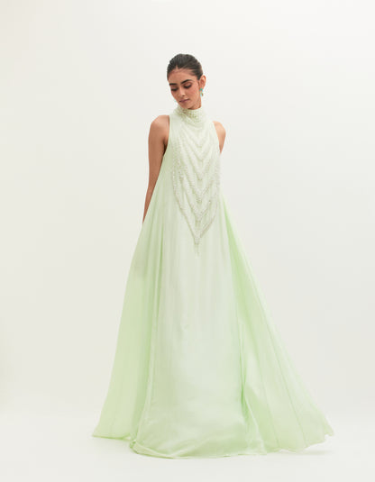 Mint Habutai Silk Embroidered Gown