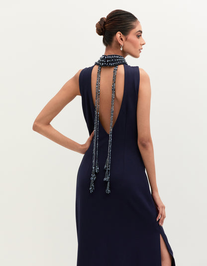 Navy Blue Scuba Georgette Embroidered Gown