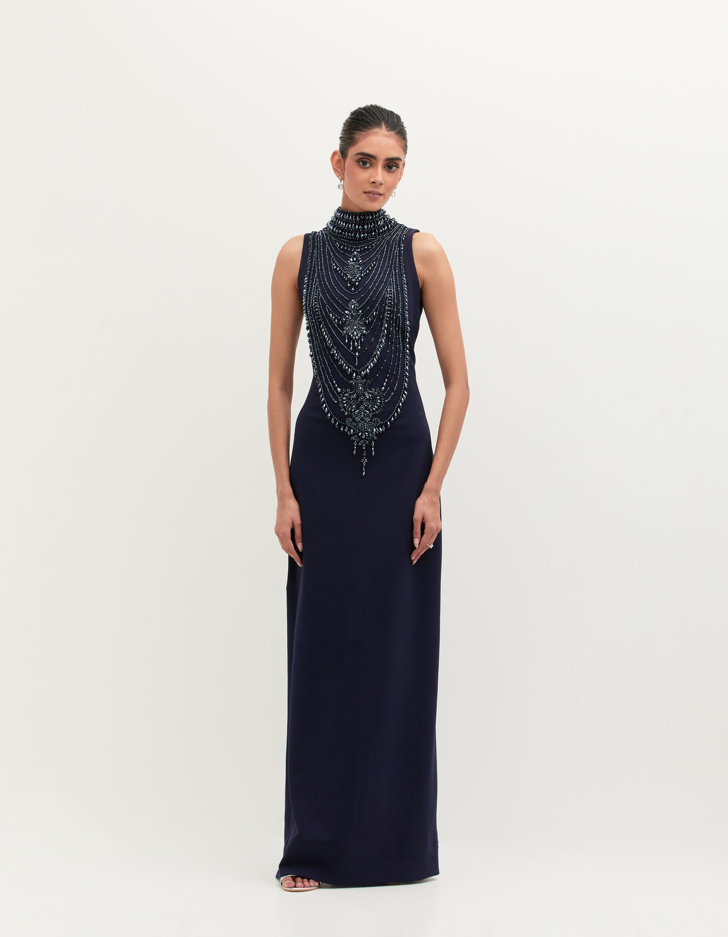 Navy Blue Scuba Georgette Embroidered Gown