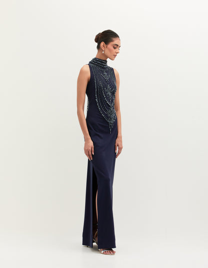 Navy Blue Scuba Georgette Embroidered Gown