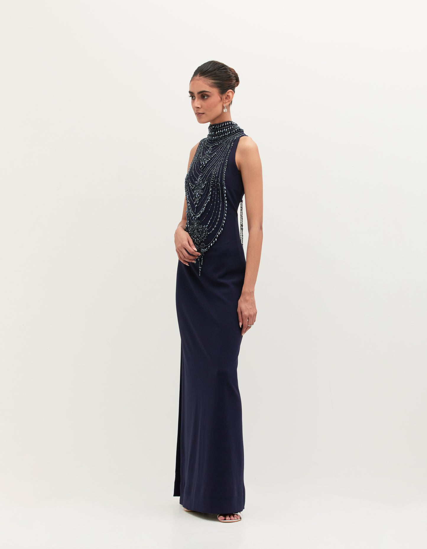 Navy Blue Scuba Georgette Embroidered Gown