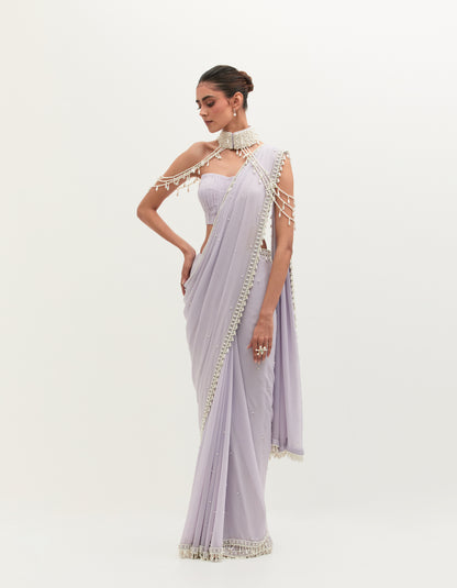 Lavender Georgette Pearl Embroidered Saree Set