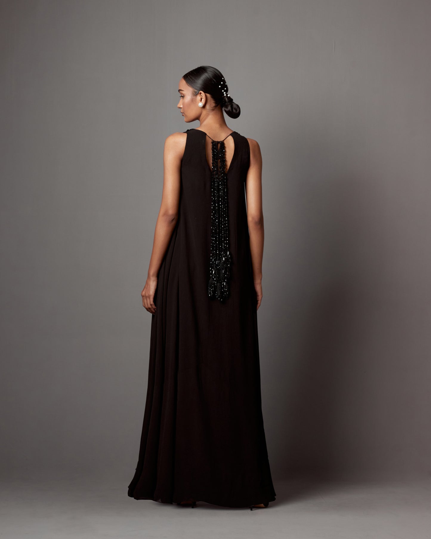 Black Georgette Crystal & Tassel Work Maxi Dress