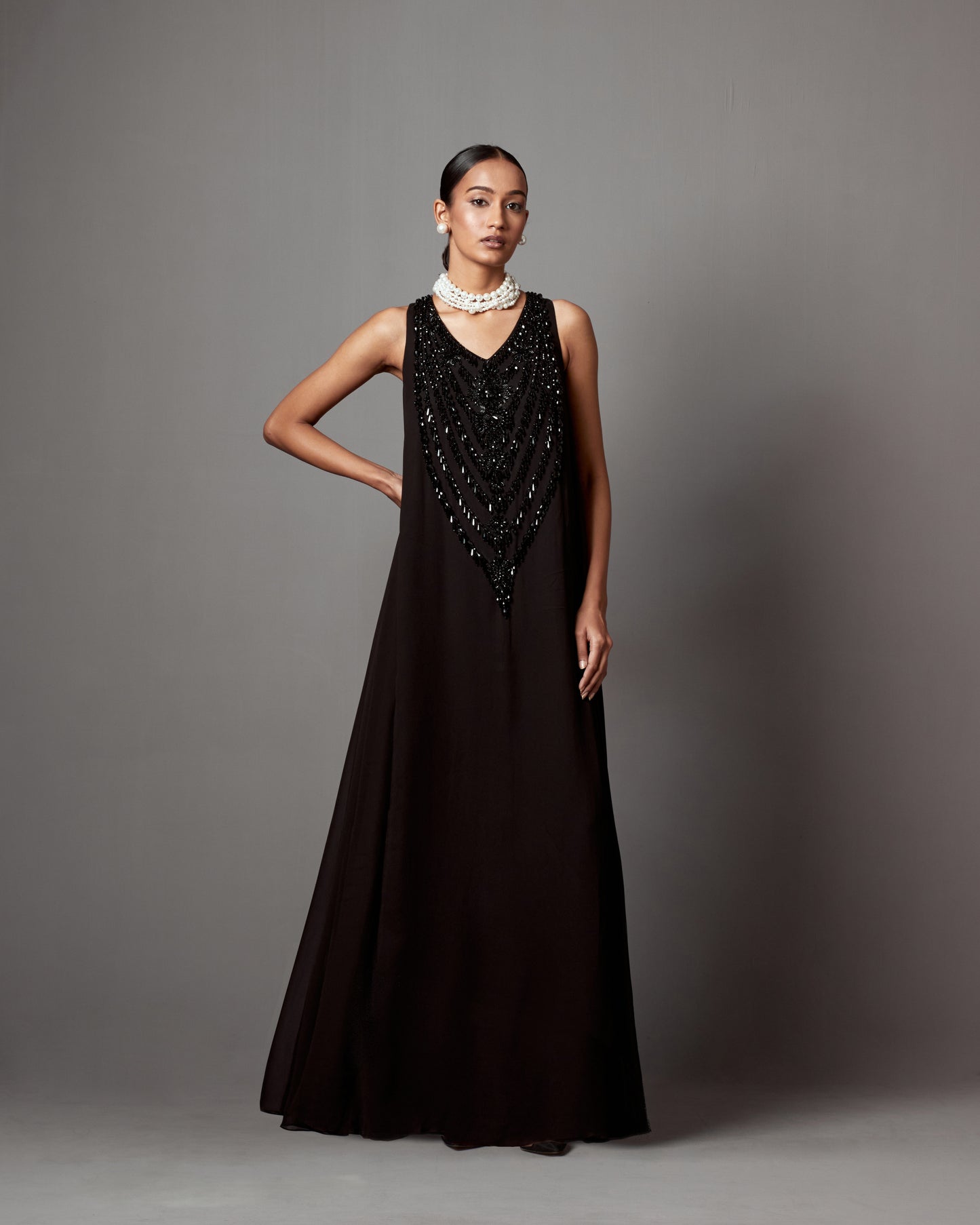 Black Georgette Crystal & Tassel Work Maxi Dress