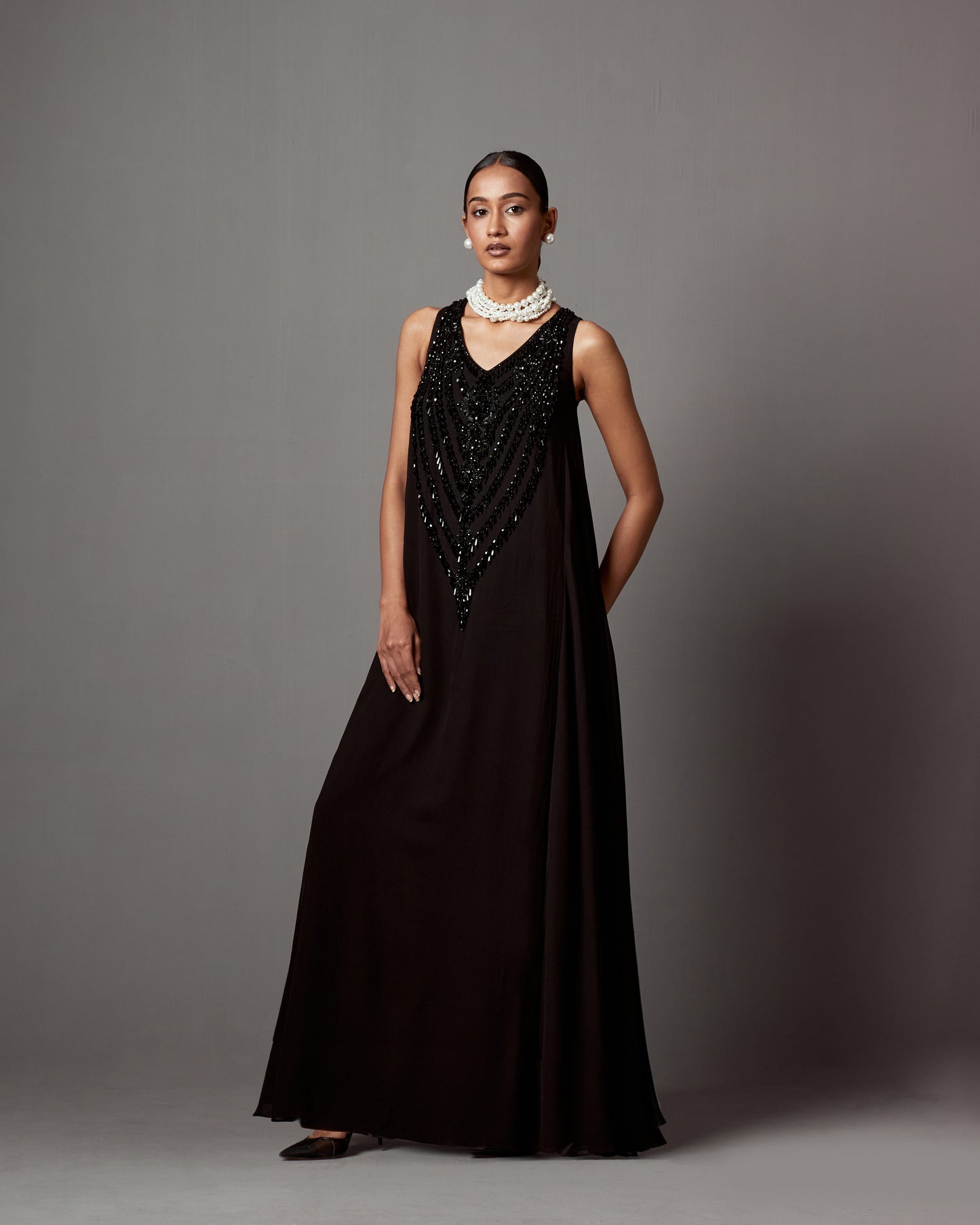 Black Georgette Crystal & Tassel Work Maxi Dress