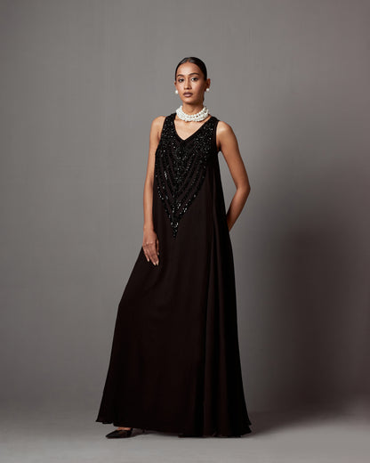 Black Georgette Crystal & Tassel Work Maxi Dress