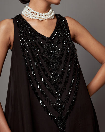 Black Georgette Crystal & Tassel Work Maxi Dress