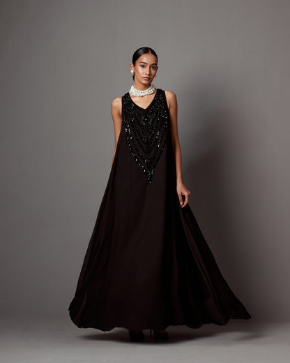 Black Georgette Crystal & Tassel Work Maxi Dress