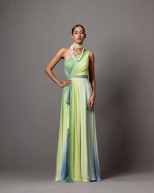 Lime Ombre Georgette Printed Draped Gown