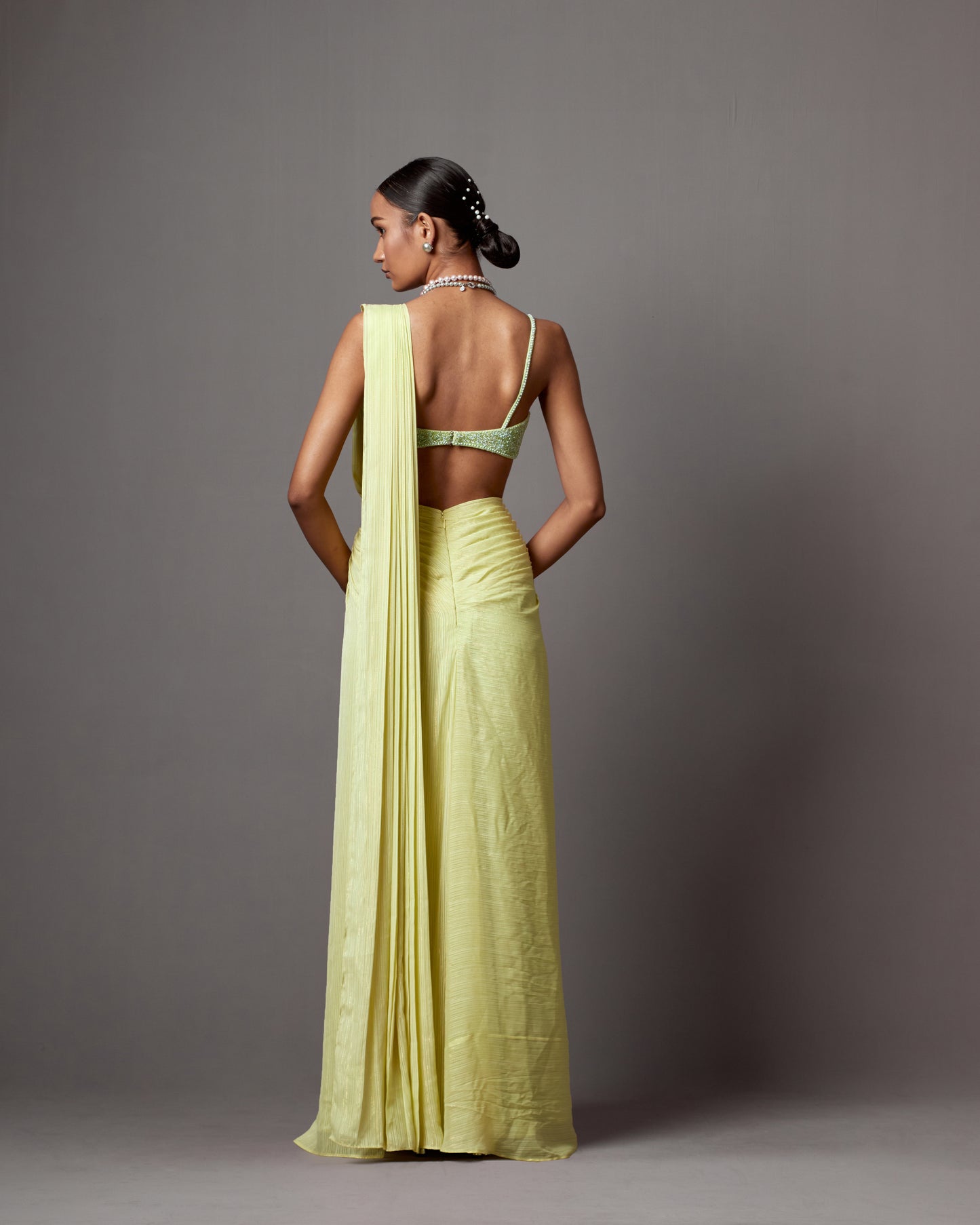 Lime Lurex Georgette Draped Saree Set