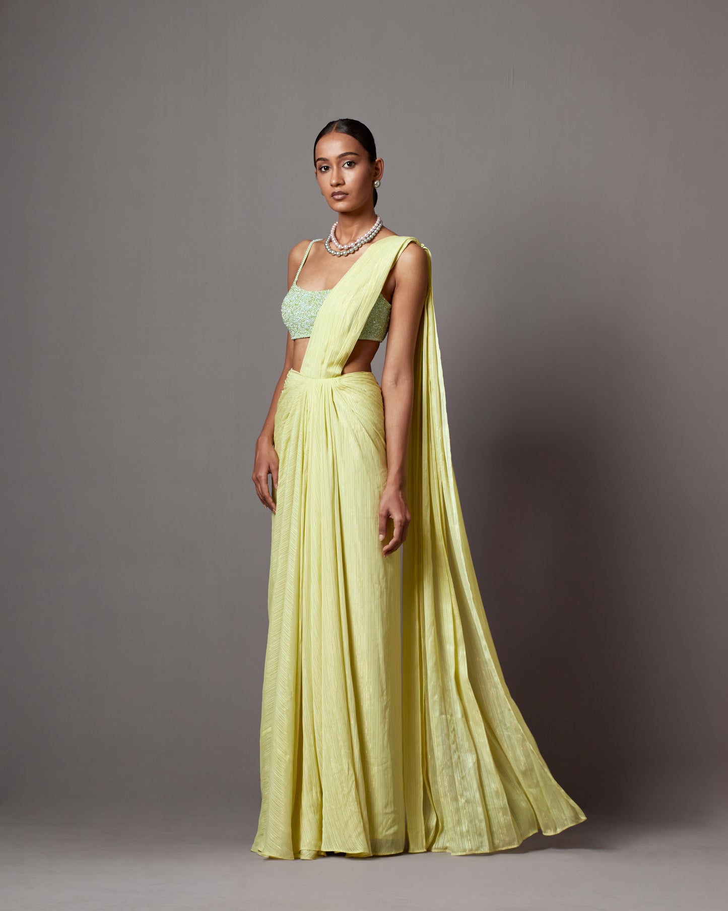 Lime Lurex Georgette Draped Saree Set