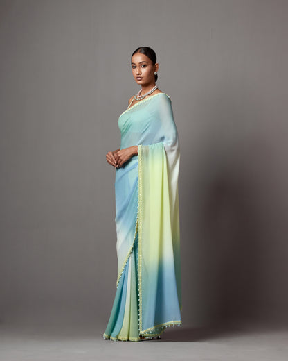 Blue & Green Ombre Georgette Sequins Saree Set