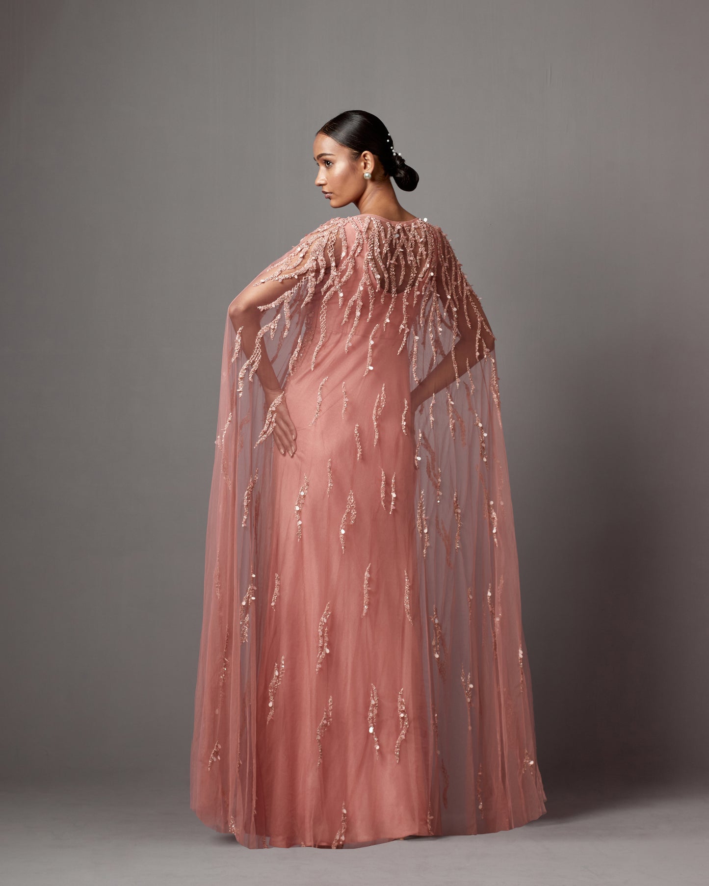 Dust Rose Net Hand Embroidered Gown With Cape