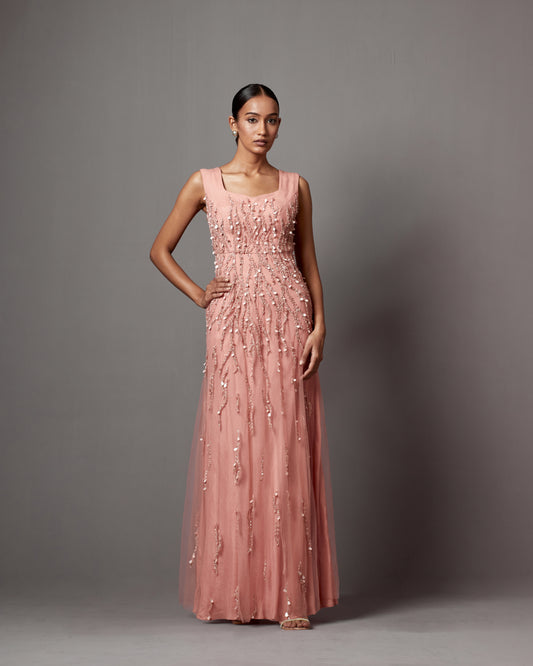 Dust Rose Net Hand Embroidered Gown With Cape