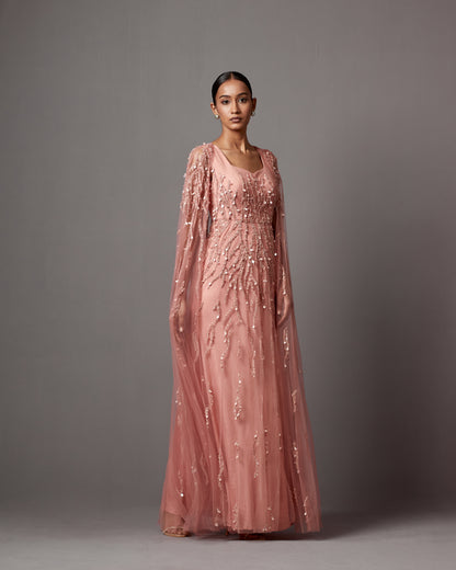 Dust Rose Net Hand Embroidered Gown With Cape