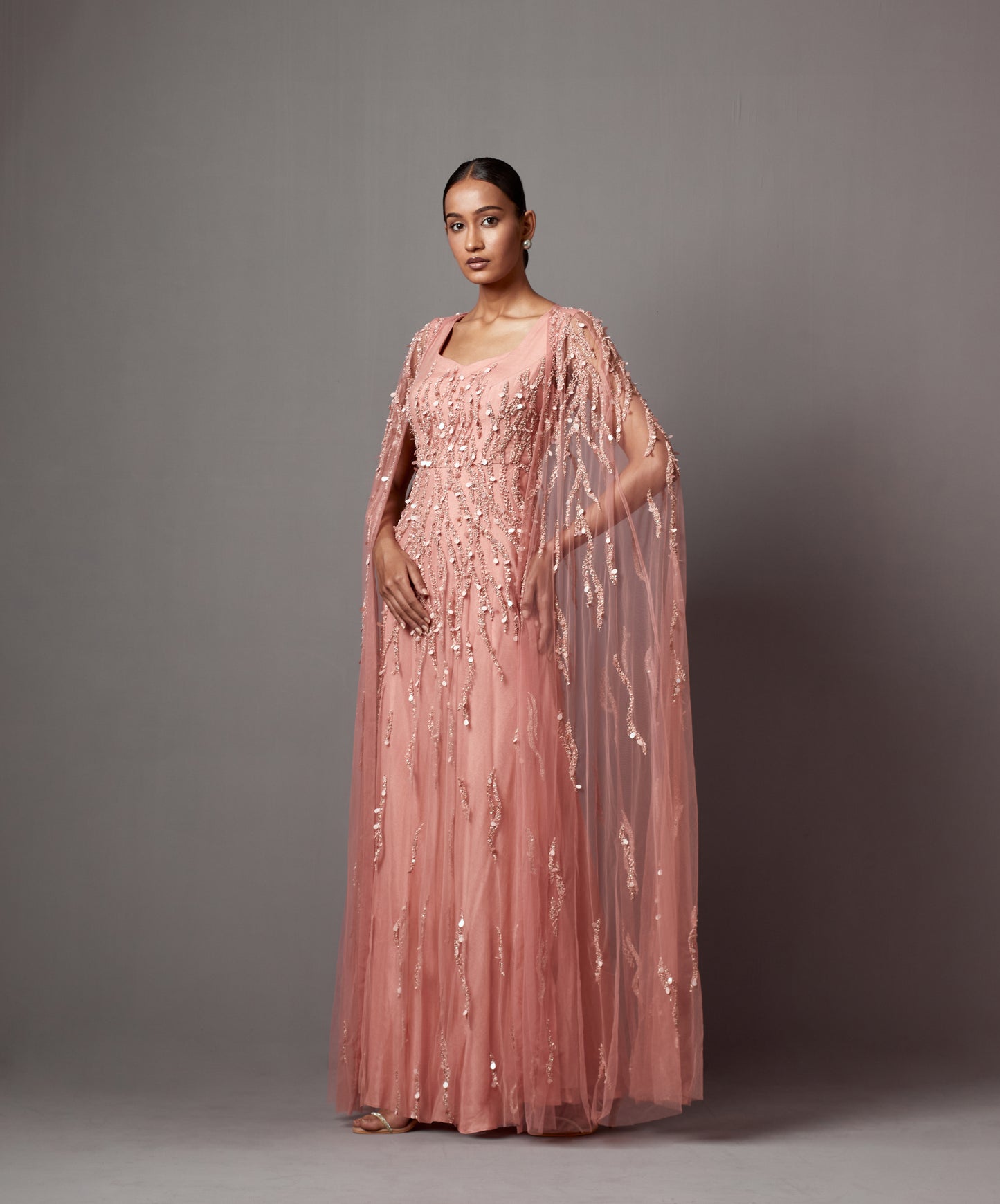 Dust Rose Net Hand Embroidered Gown With Cape