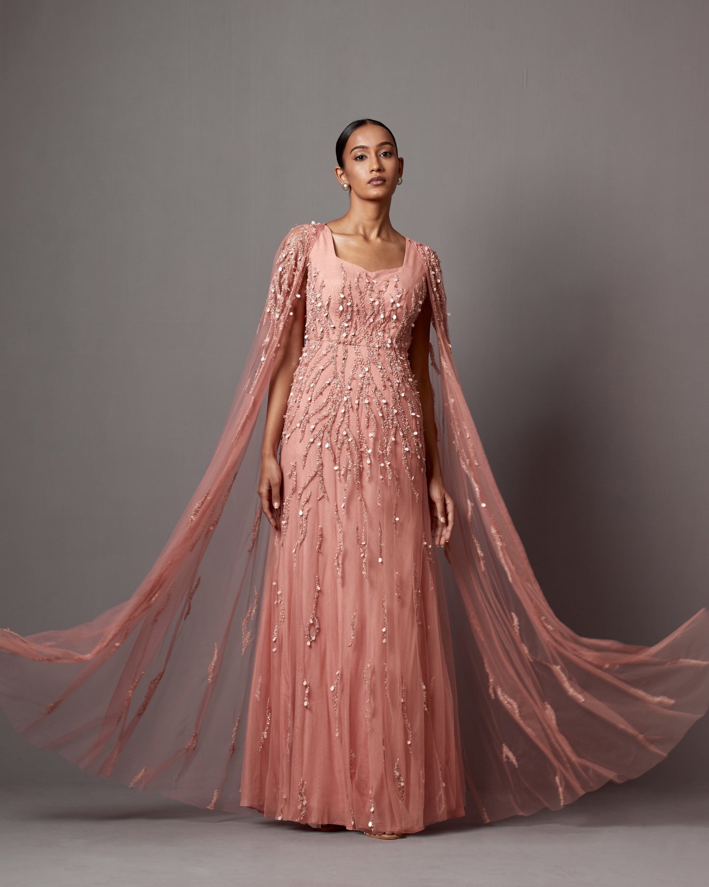 Dust Rose Net Hand Embroidered Gown With Cape