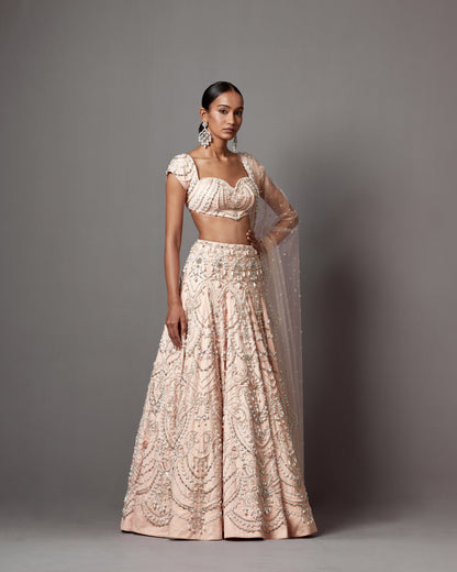 Pastel Pink Net Pearl Handwork Lehenga Set