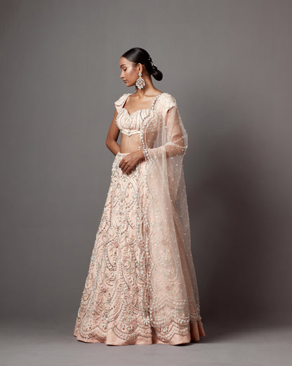 Pastel Pink Net Pearl Handwork Lehenga Set