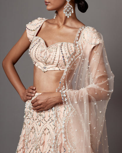 Pastel Pink Net Pearl Handwork Lehenga Set