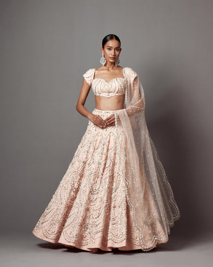 Pastel Pink Net Pearl Handwork Lehenga Set