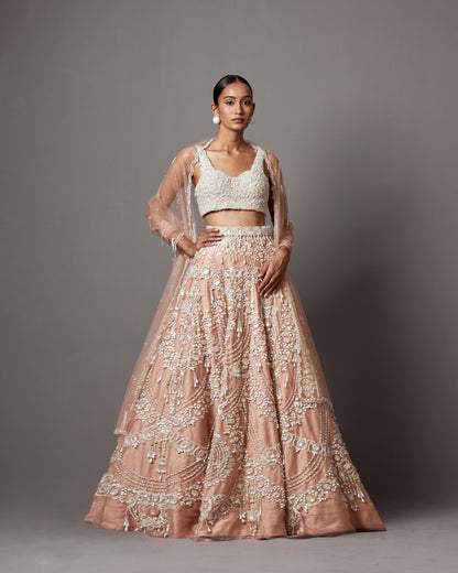 Rose Dust Net Handwork & Pearl Embellished Lehenga Set