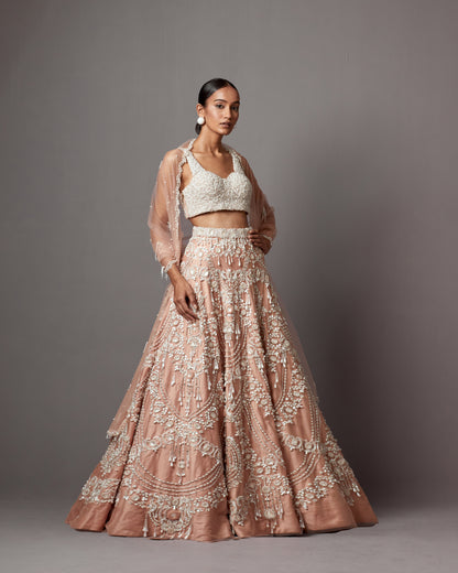 Rose Dust Net Handwork & Pearl Embellished Lehenga Set