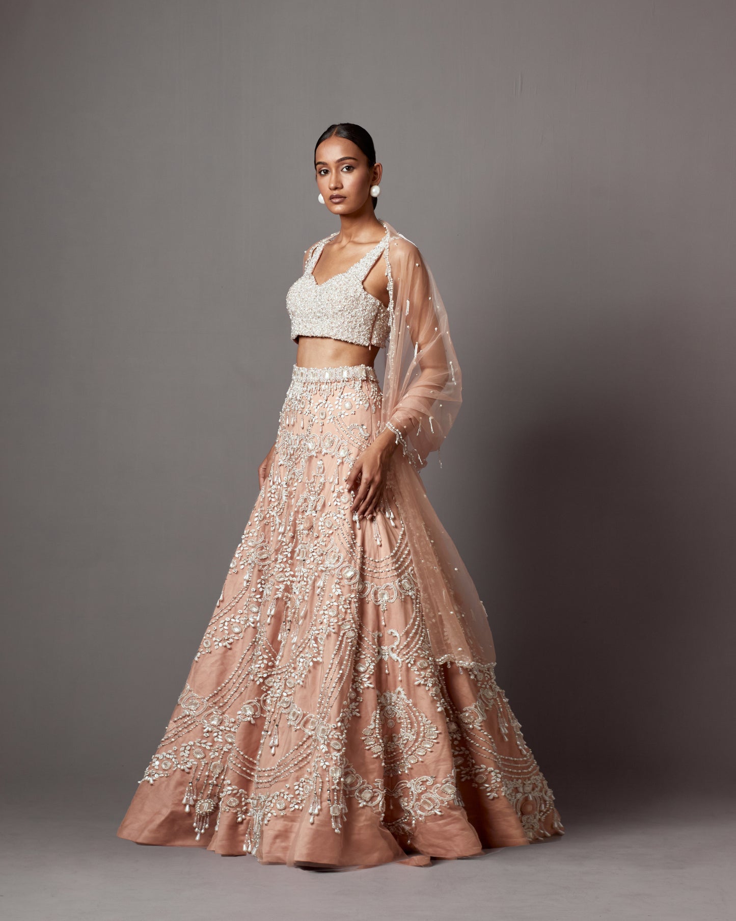 Rose Dust Net Handwork & Pearl Embellished Lehenga Set