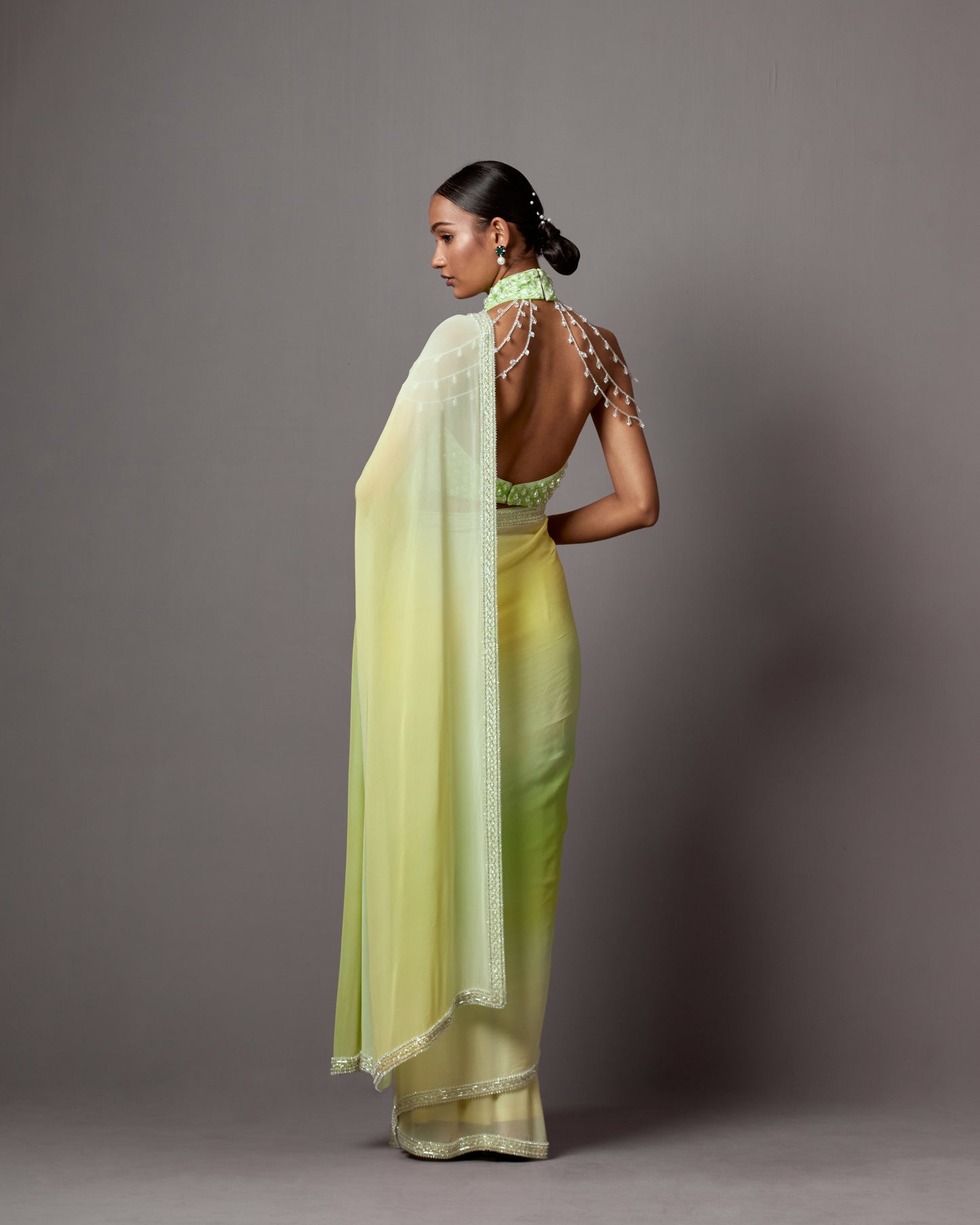 Lime & Yellow Georgette Crystal Work Ombre Saree Set