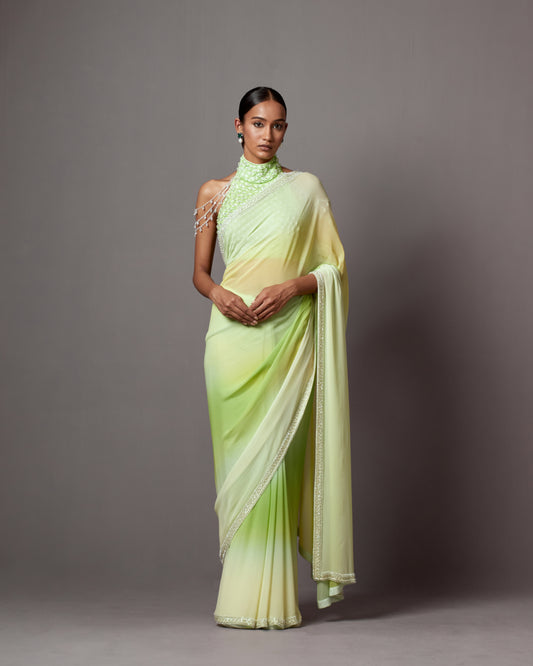 Lime & Yellow Georgette Crystal Work Ombre Saree Set