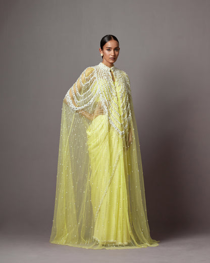 Lime Net & Georgette Baroque Pearl Embroidered Jacket Saree Set