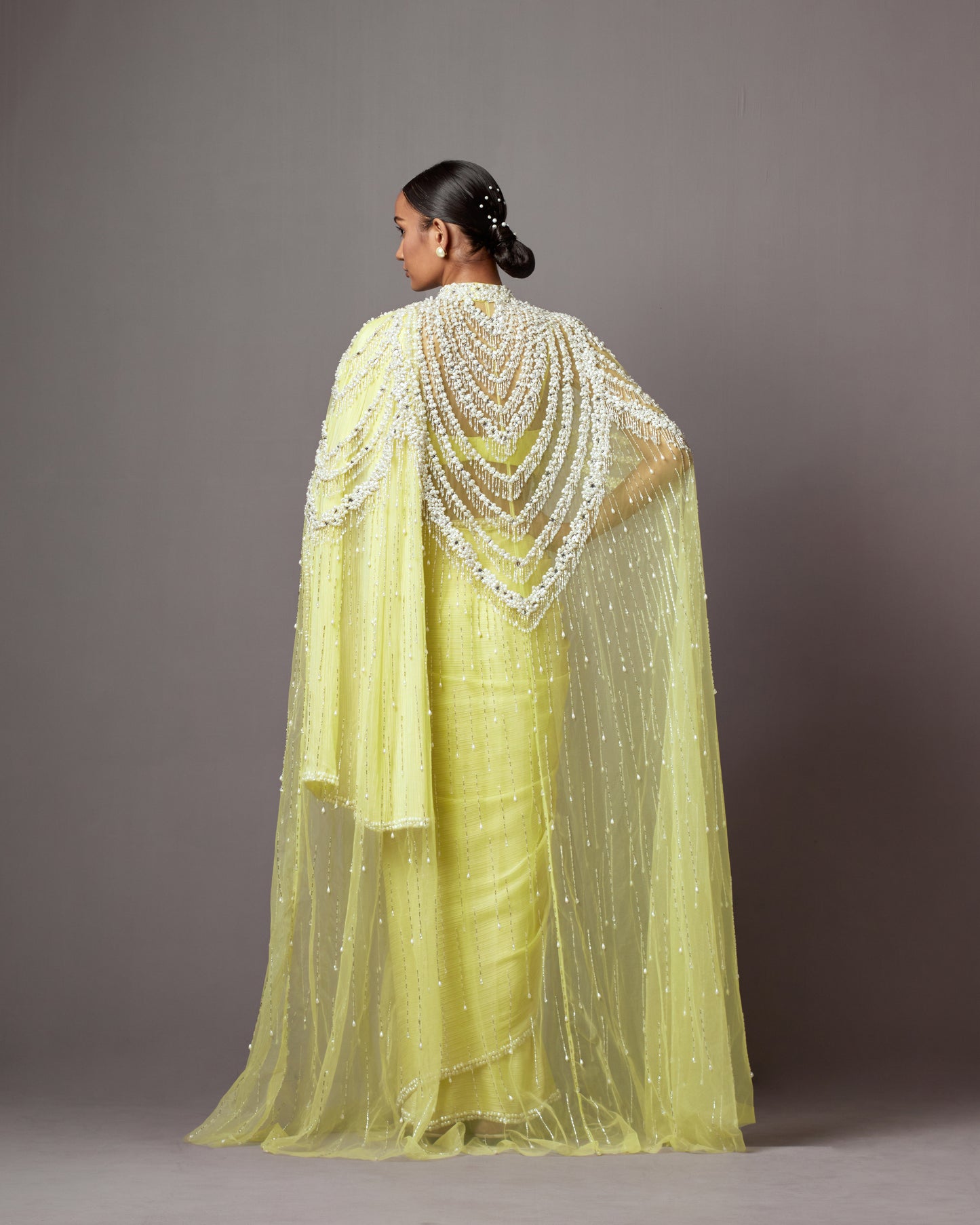 Lime Net & Georgette Baroque Pearl Embroidered Jacket Saree Set