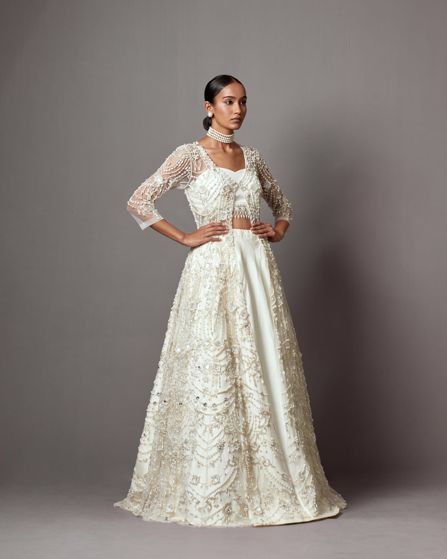 Ivory Taffeta & Net Hand Embroidered Jacket Lehenga Set