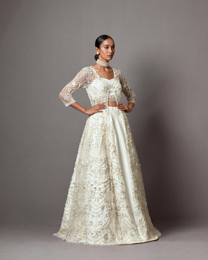 Ivory Taffeta & Net Hand Embroidered Jacket Lehenga Set