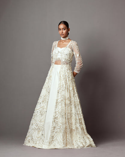 Ivory Taffeta & Net Hand Embroidered Jacket Lehenga Set