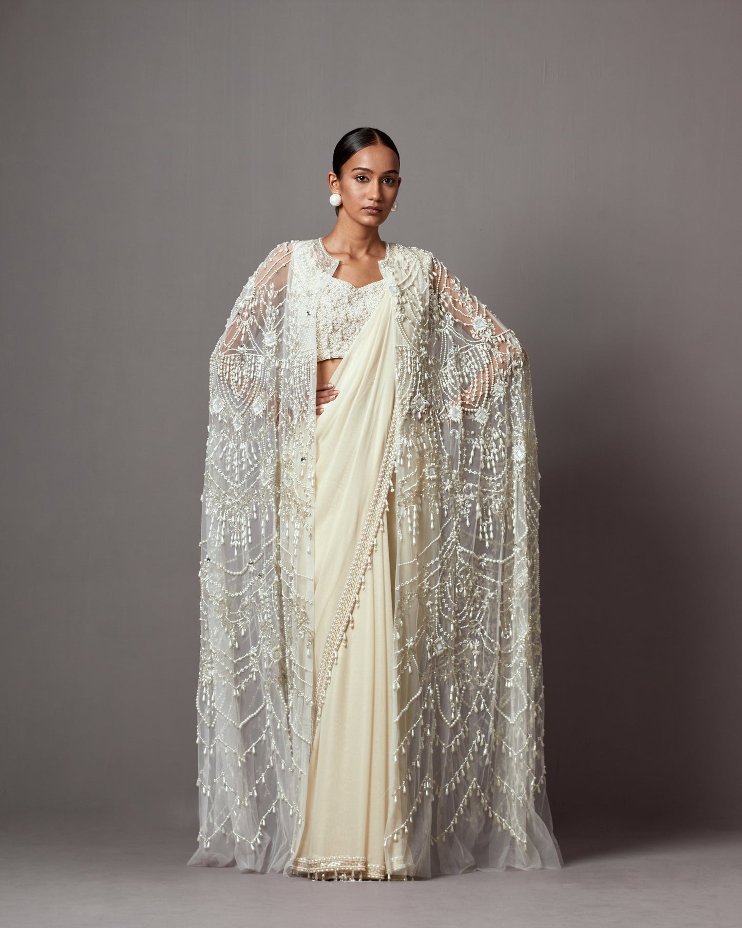 Ivory Foil Georgette & Net Pearl Handwork Jacket Saree Set