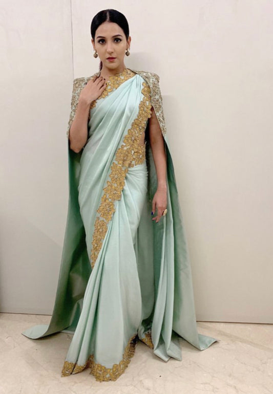 Green Saree With Applique Hand Work