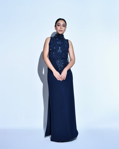 Navy Blue Scuba Georgette Embroidered Gown