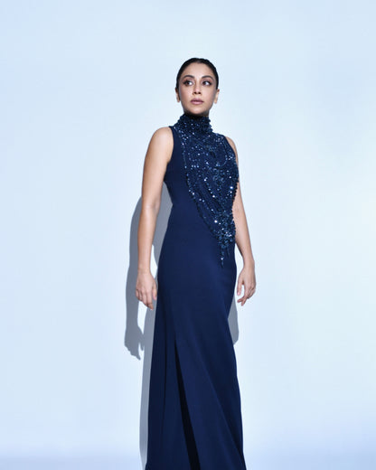 Navy Blue Scuba Georgette Embroidered Gown