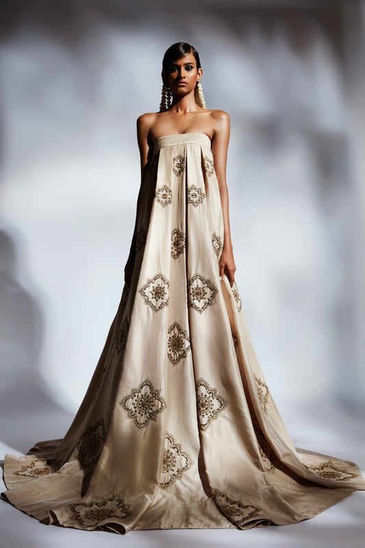 Beige Pleated Gown With Beads