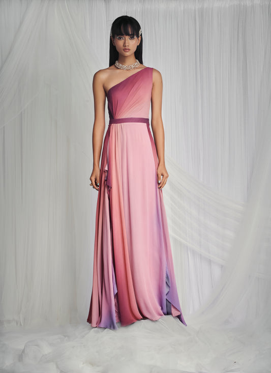 Dusk Pink Shaded Printed Draped Gown