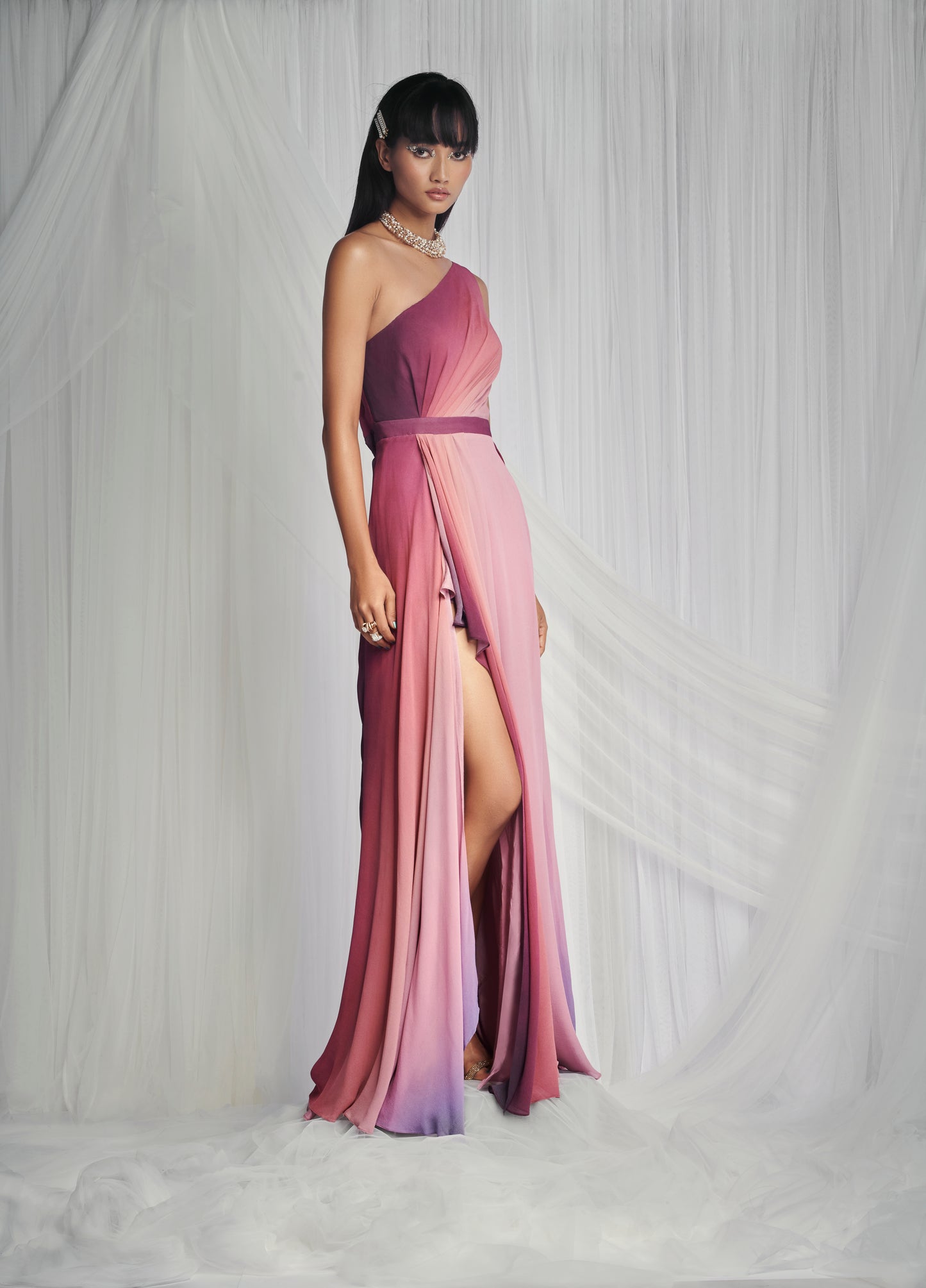 Dusk Pink Shaded Printed Draped Gown