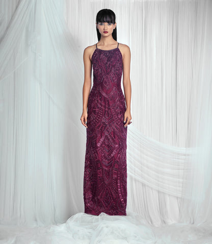 Burgundy Hand Embroidered Paneled Gown