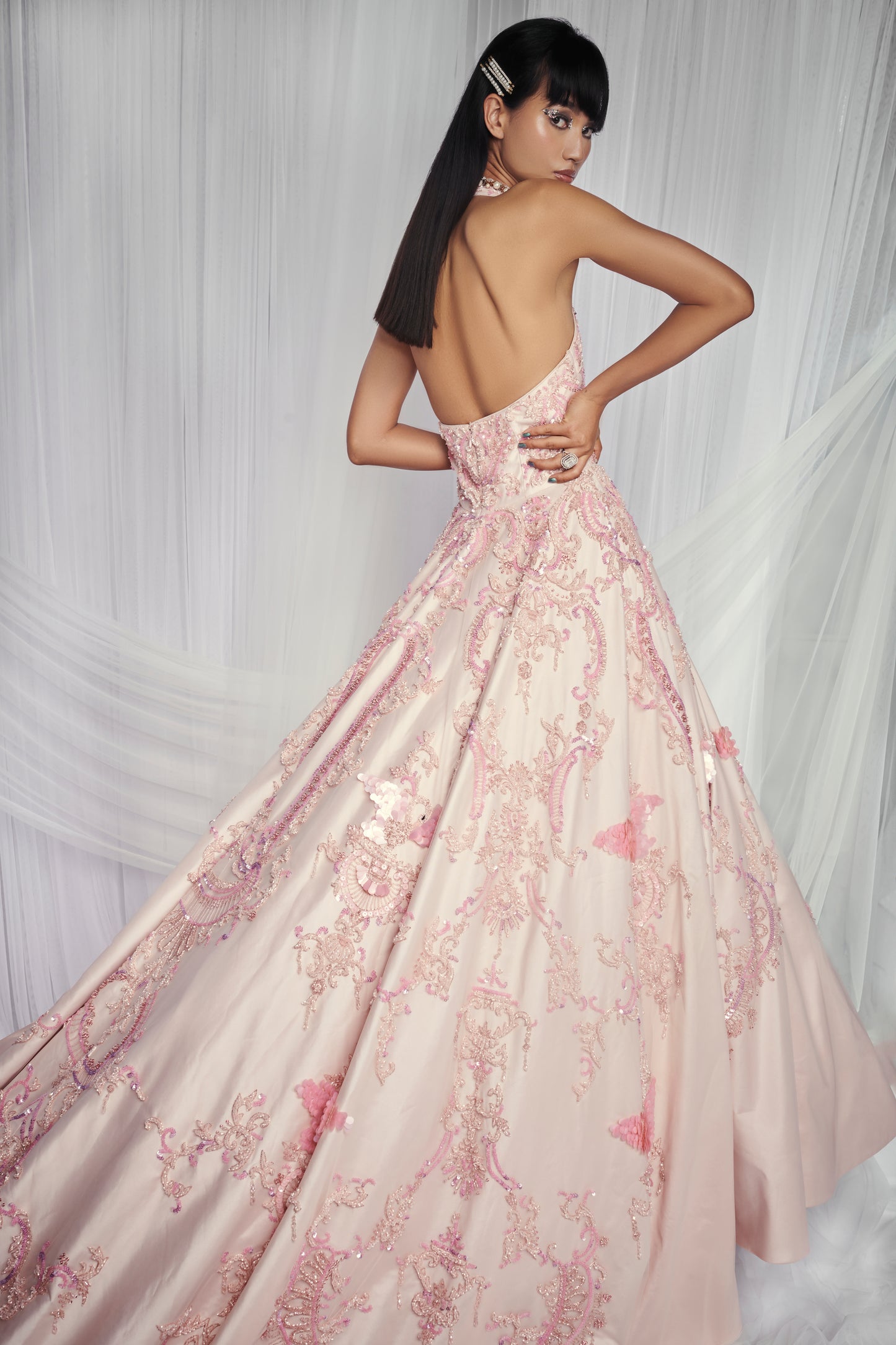 Pastel Pink Hand Embroidered Bridal Gown