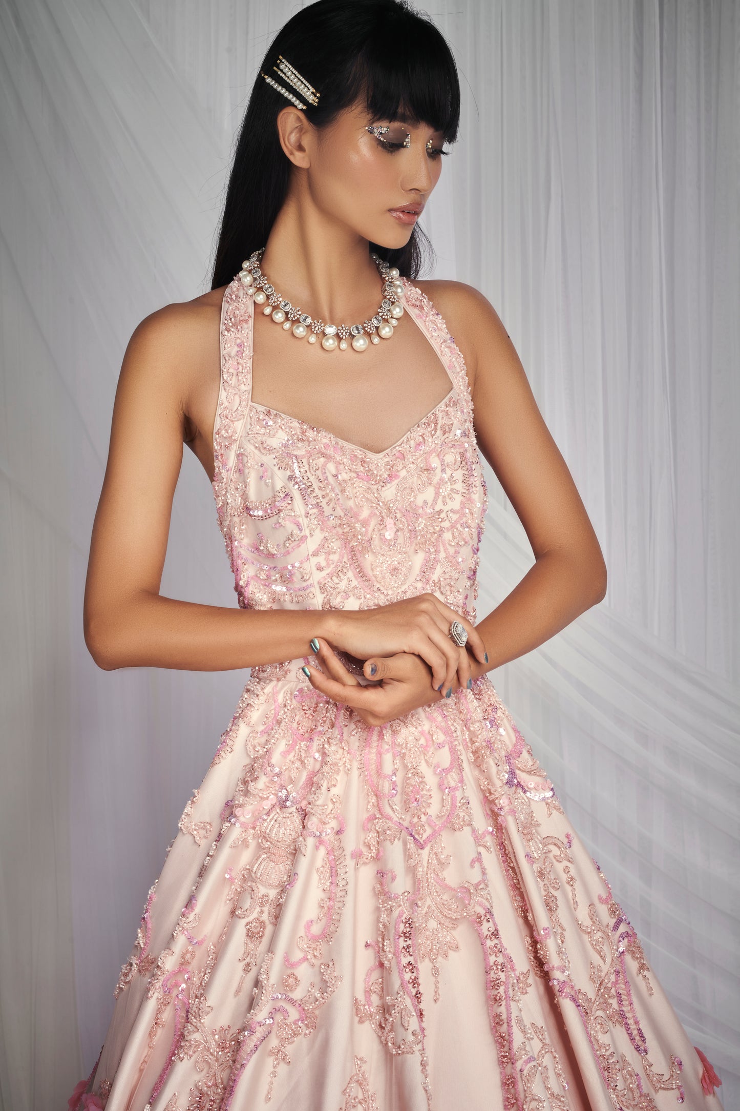 Pastel Pink Hand Embroidered Bridal Gown