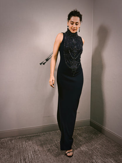 Navy Blue Scuba Georgette Embroidered Gown