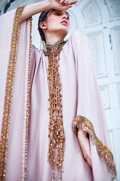 Beige Kaftan With Hand Twisted Wire Tassels